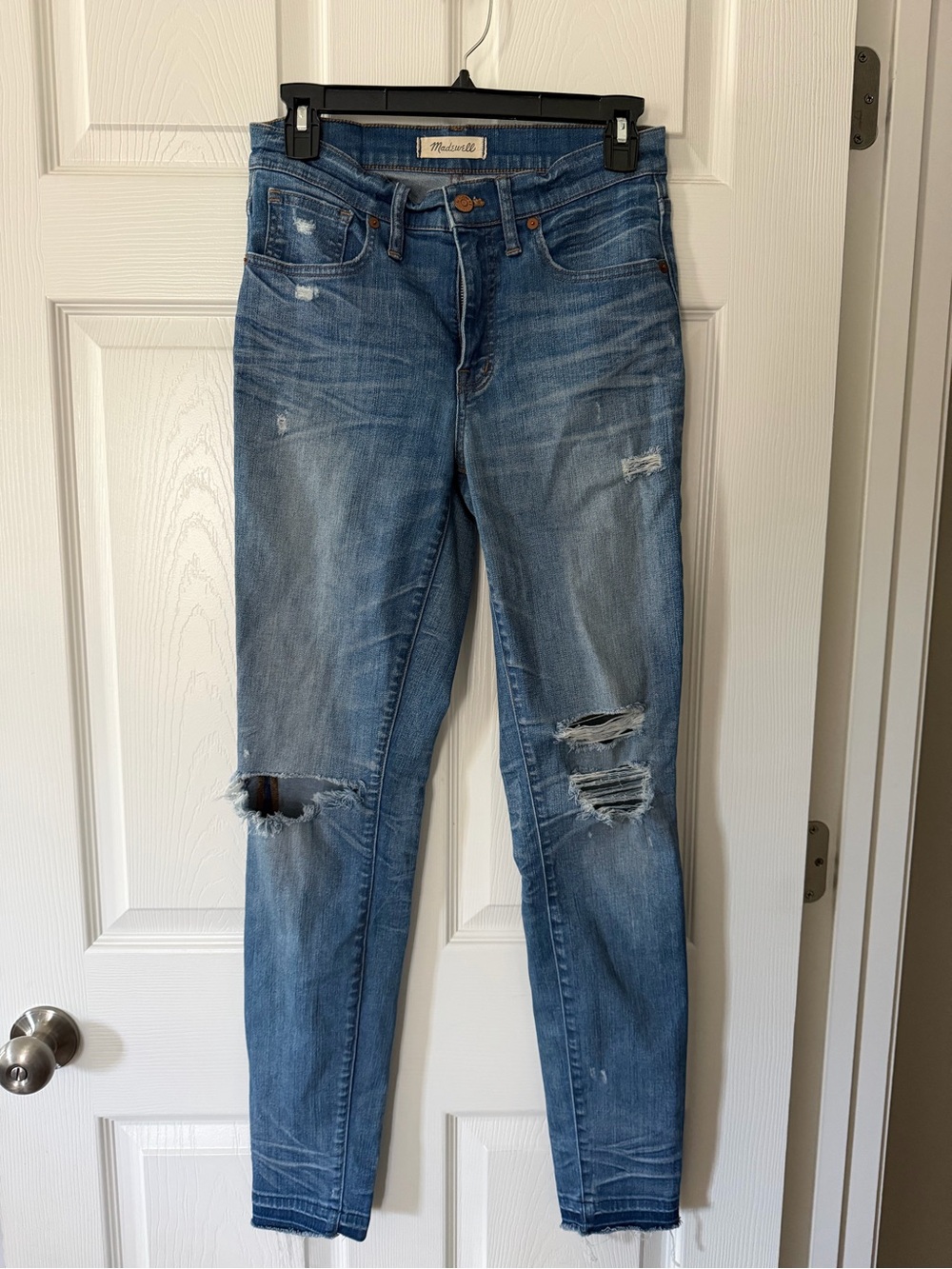 Madewell Light Wash Skinny Jeans with Knee Rips - Blue